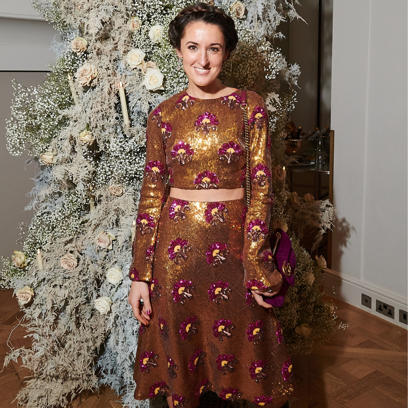 Gold sequin crop top and midi skirt set with a purple floral design from Milanese brand La Double J ✨ Worn with vintage Chloe boots and a purple velvet bag 

#LTKHoliday #LTKeurope #LTKparties