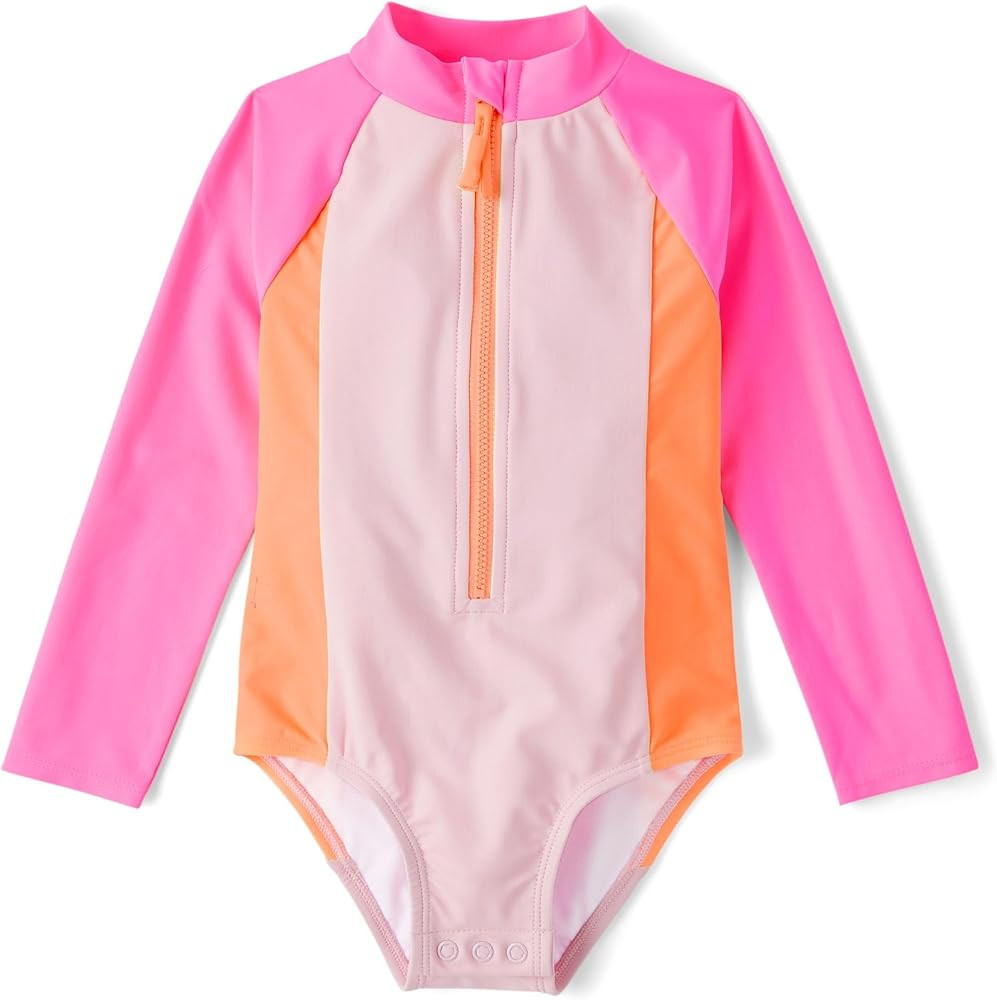 The Children's Place Baby Girl's and Toddler Long Sleeve Half Zip One Piece Rashgaurd Swimsuit | Amazon (US)
