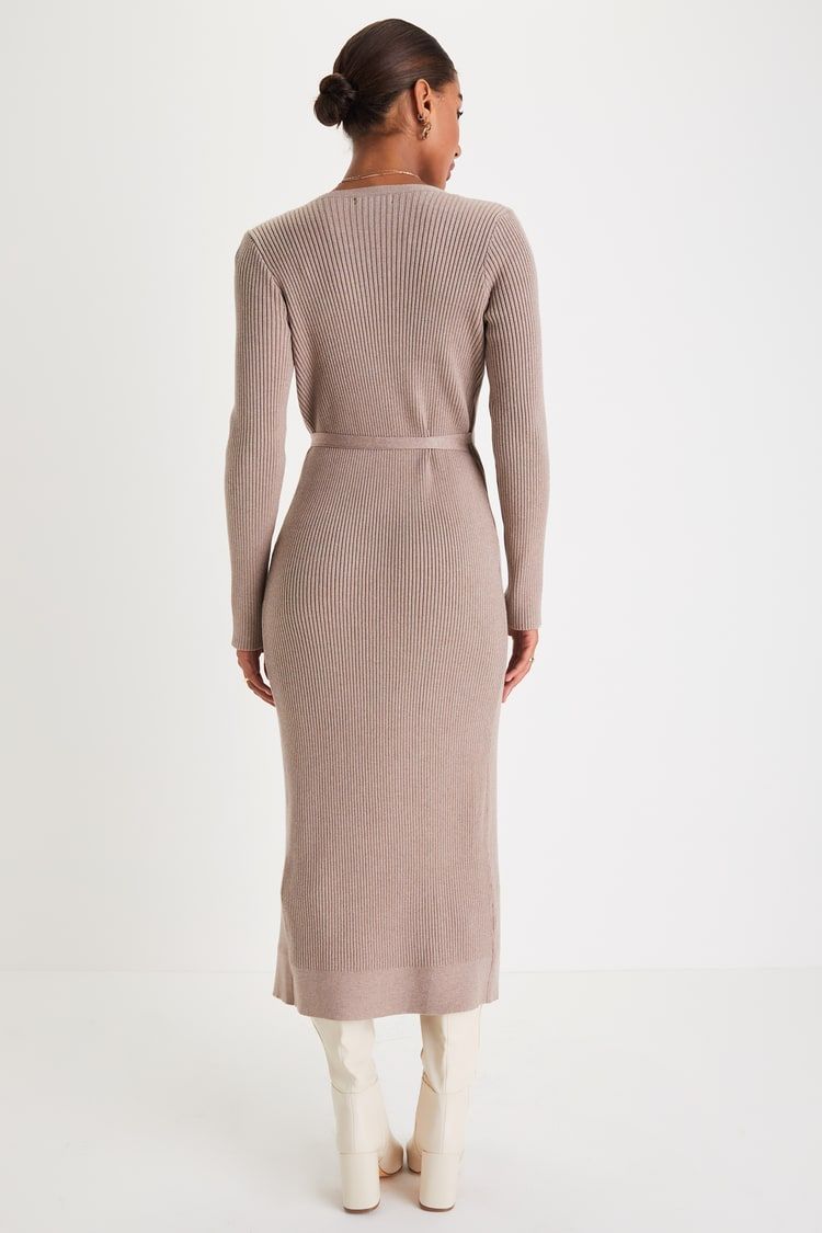 Iconic Comfort Taupe Ribbed Surplice Wrap Midi Sweater Dress | Lulus