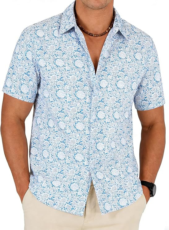 Men's Cotton Tropical Floral Short Sleeve Button Down Casual Hawaiian Shirt for Summer Beach Vaca... | Amazon (US)