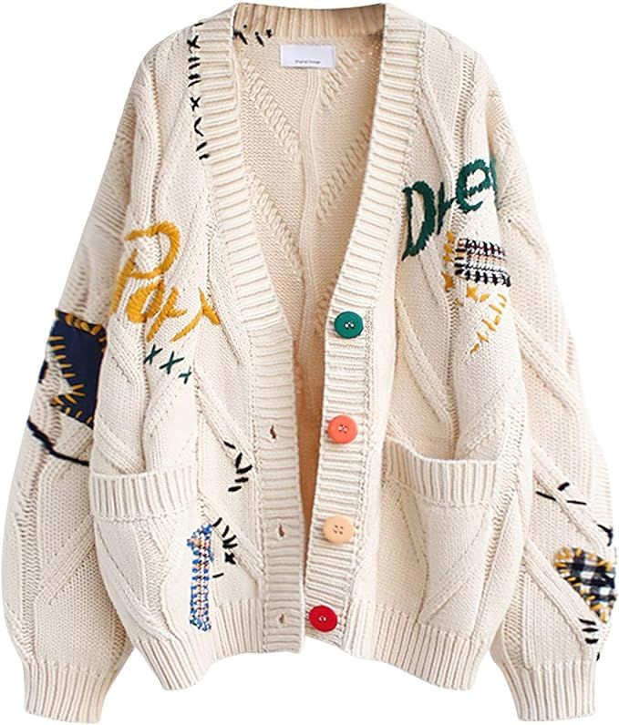 Women's Cable Knit Long Sleeve Open Front Cardigan Sheep V-Neck Button Down Embroidery Wool Blend... | Amazon (US)