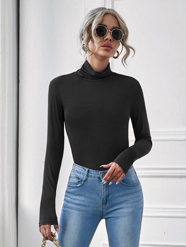 Stand Collar Slim Fit Solid Tee | SHEIN