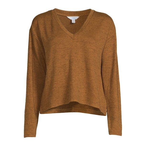 Time and Tru Women's V-Neck Knit Top with Long Sleeves - Walmart.com | Walmart (US)