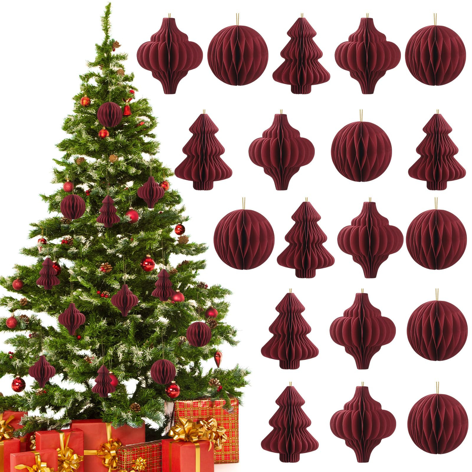 15 Pcs Burgundy Christmas Tree Decorations 3D Mini Paper Honeycomb Lantern Hanging Ornaments for ... | Amazon (US)