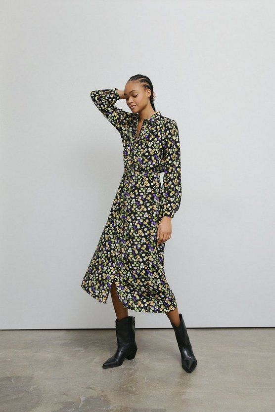Woven Puff Sleeve Midi Shirt Dress In Floral | Warehouse UK & IE