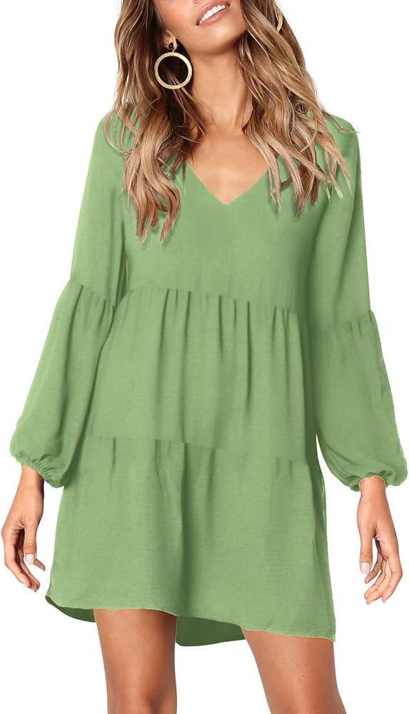 Amoretu Women Summer Tunic Dress V Neck Casual Loose Flowy Swing Shift Dress | Amazon (US)