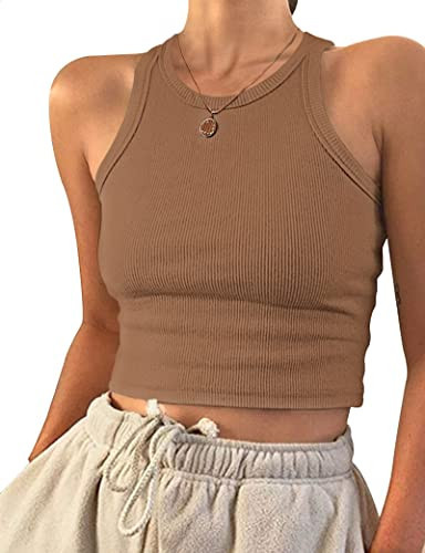 AUSELILY Brown Cropped Tank Top Womens Basic Tops Ribbed Crop Top Small | Amazon (US)