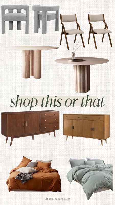 This or that: round tables, round side table, side tables, accent chairs, Boucle chairs, sideboard, side table, bedding, covers, neutral colors, duvet.

#LTKhome