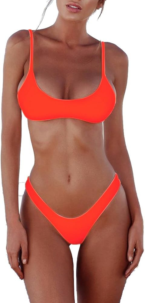 SherryDC Women's Solid Scoop Neck Push Up Padded Brazilian Thong Bikini Swimsuit Bathing Suit | Amazon (US)