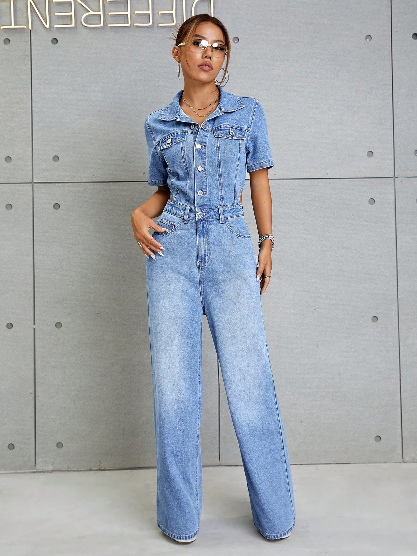 SHEIN Essnce Flap Detail Cutout Waist Denim Jumpsuit | SHEIN