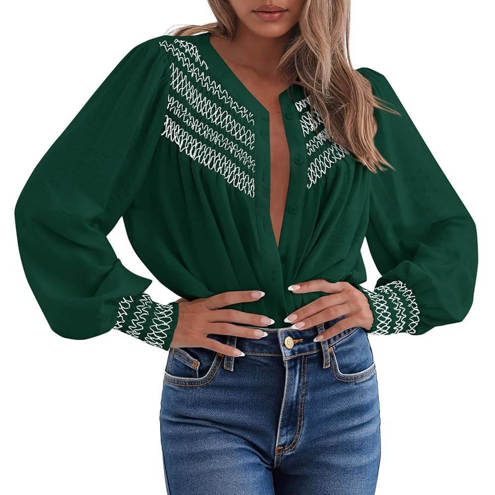 PRETTYGARDEN Womens Long Sleeve Shirts Tops 2025 Boho V Neck Smocked Oversized Button Down Blouse... | Amazon (US)