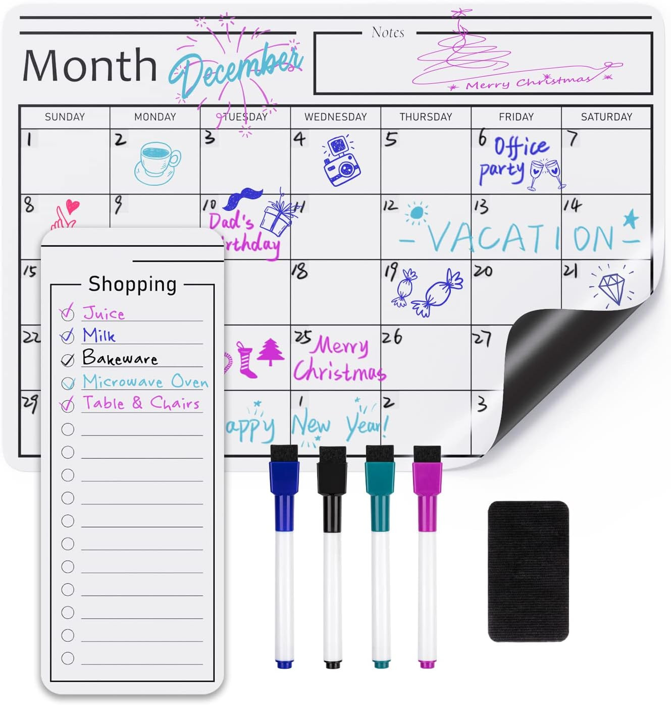 Amazon Basics Magnetic Dry Erase Whiteboard Calendar, 12" x 17", Includes 4 Markers And Eraser | Amazon (US)