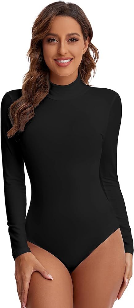 Womens Long Sleeve Bodysuits Soft Stretchy Thermal Mock Neck Tops | Amazon (US)