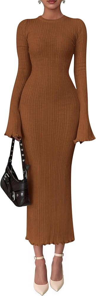 PRETTYGARDEN Sweater Dresses for Women 2026 Fall Bell Long Sleeve Crew Neck Bodycon Maxi Dress Wi... | Amazon (US)