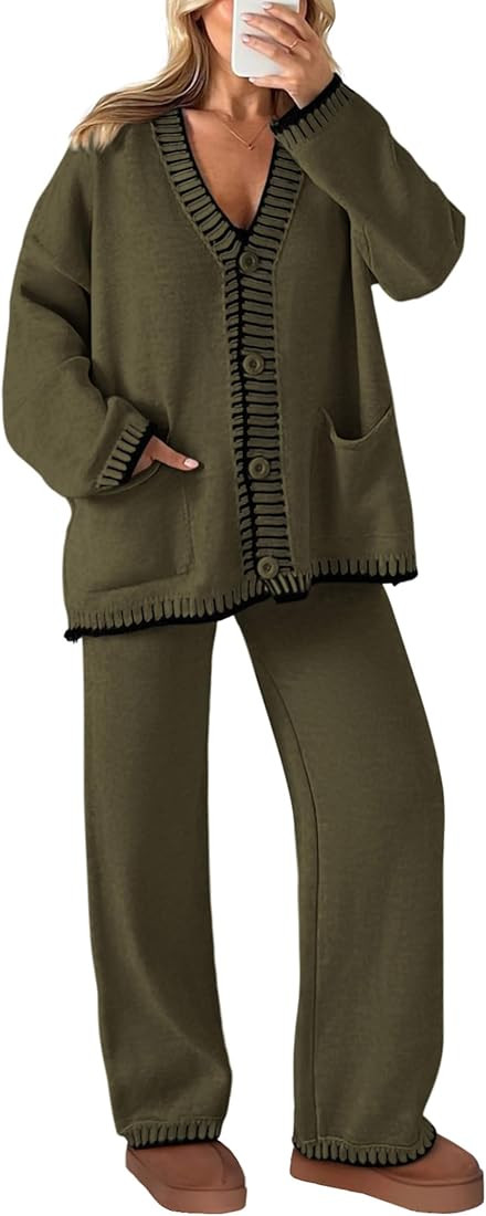 PRETTYGARDEN Women's 2 Piece Outfits Knit Matching Lounge Sets Long Sleeve V Neck Cardigan Sweate... | Amazon (US)
