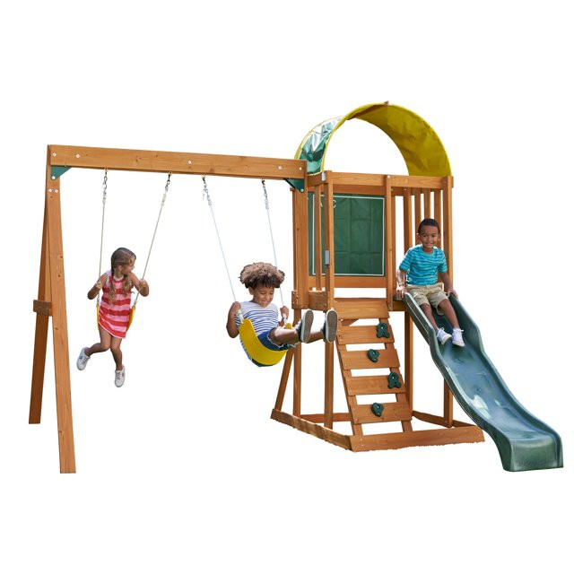 KidKraft Ainsley Wooden Outdoor Swing Set with Slide and Rock Wall - Walmart.com | Walmart (US)