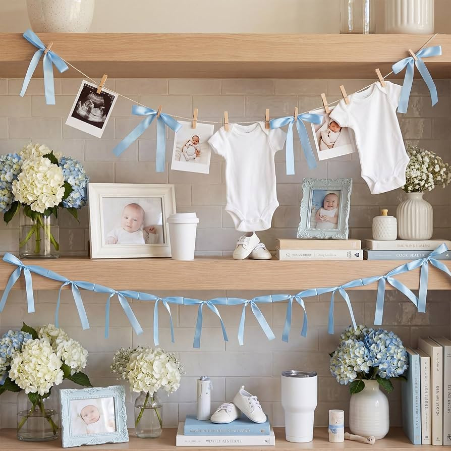 Blue Bow Baby Shower Decorations, 1.7m Pre-Made Bow Banner & DIY Clothesline Kit with 15 Wooden C... | Amazon (US)