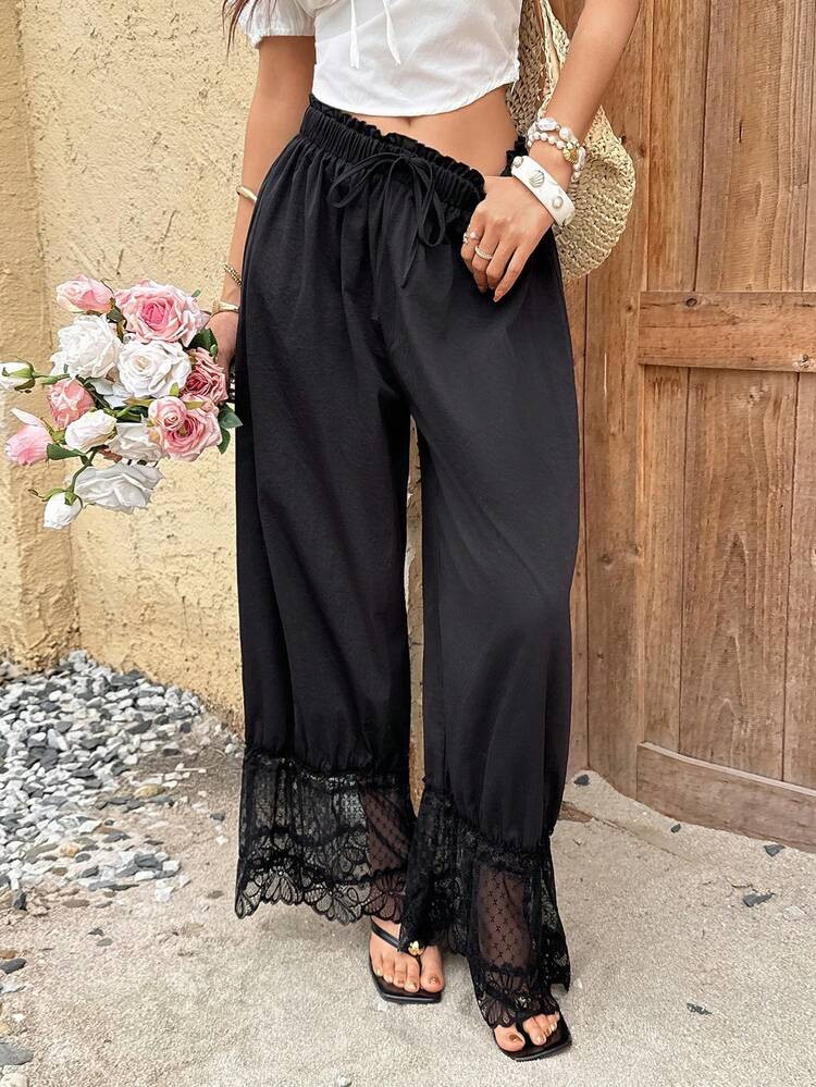 Lace Puff Wide Leg Capri Pants Bohemian Trousers Wide | SHEIN