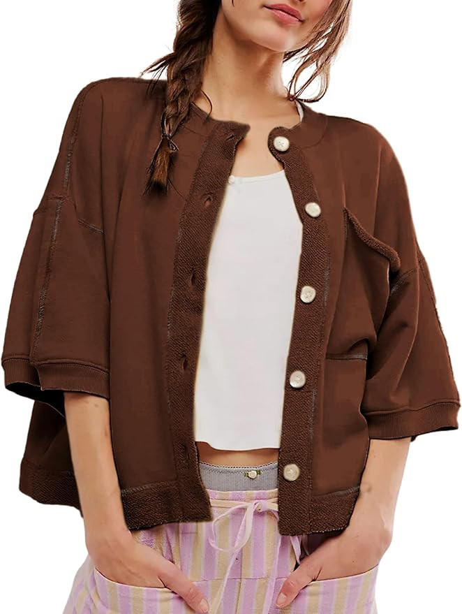 QIBABU Womens Button Down Cardigan Casual Open Front 3/4 Sleeve Crewneck Sweatshirt Tops | Amazon (US)