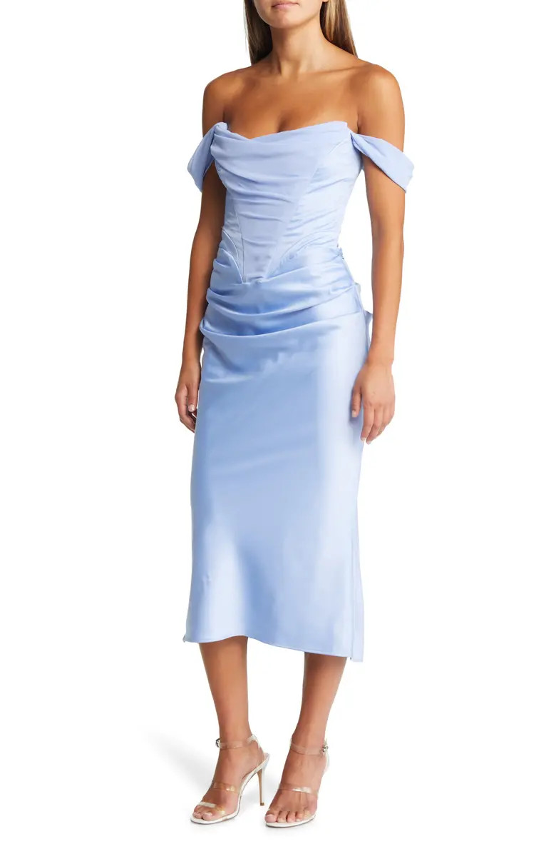 Natalya Corset Off the Shoulder Satin Midi Dress | Nordstrom