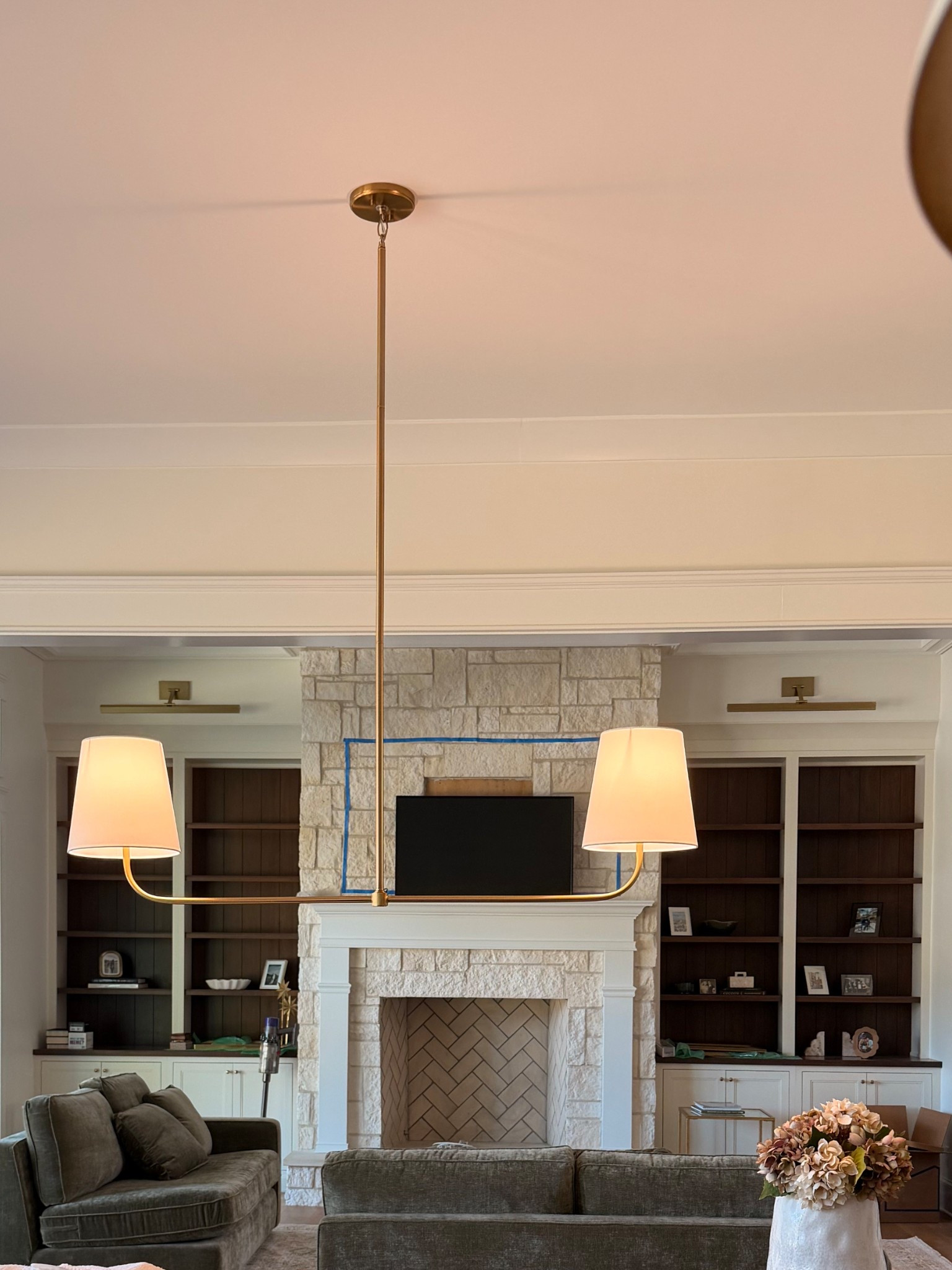 Linear dining chandelier gold and white shades 