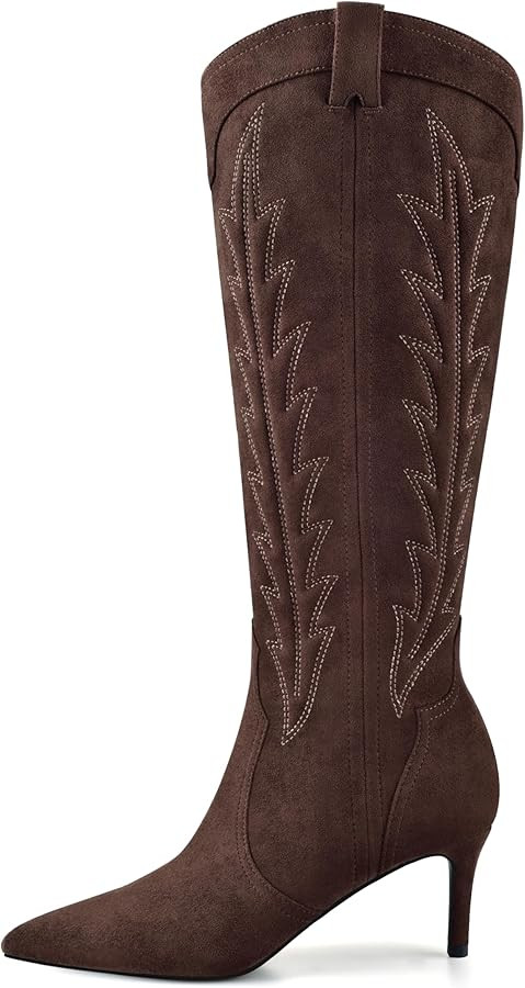 MIRAAZZURRA Knee High Boots Women Suede Cowboy Boots Pointed Toe Kitten Heel Western Embroidered ... | Amazon (US)