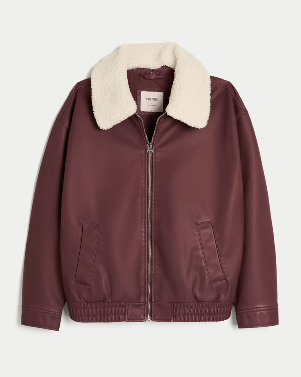 Sherpa Collar Faux Leather Bomber Jacket | Hollister (US)