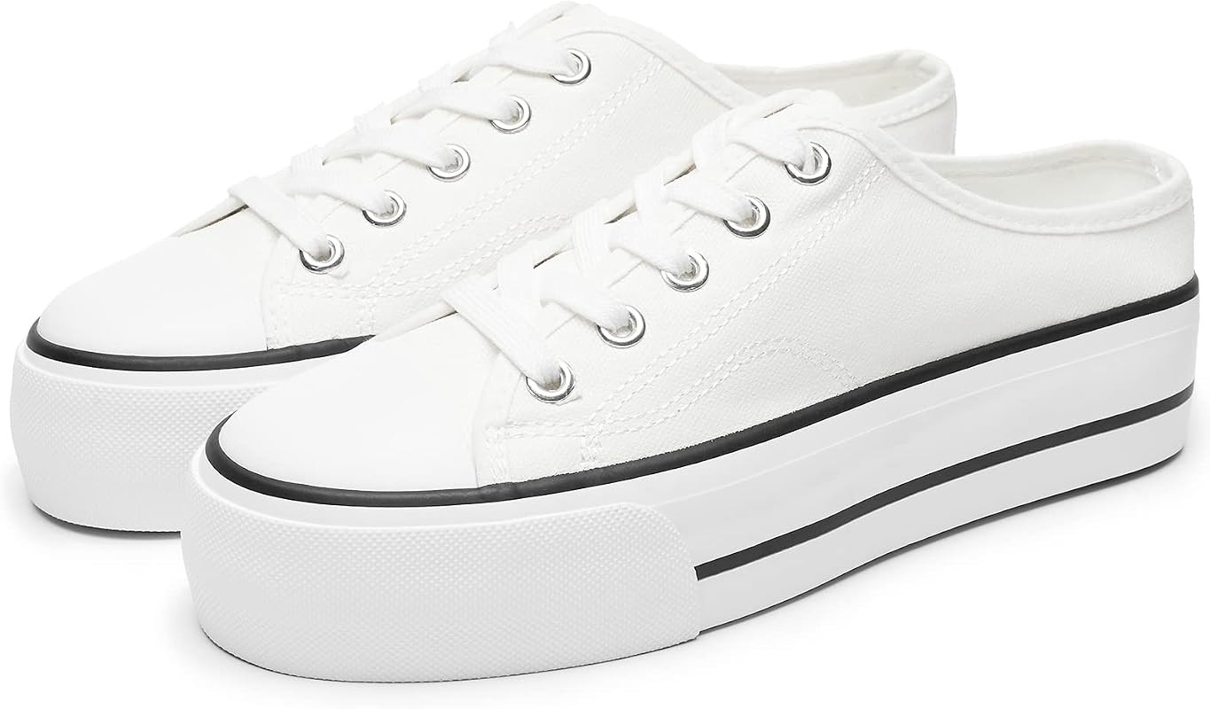 THATXUAOV Women's Platform Sneakers Low Top Mules Sneakers Slip on White Canvas Shoes Casual Shoe... | Amazon (US)