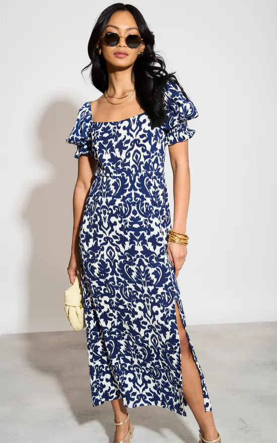 Blue Puff Sleeve Split Hem Midi Dress | Gini London | SilkFred | SilkFred