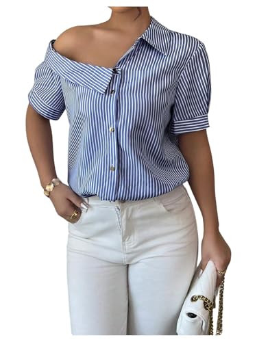 OYOANGLE Women's Button Up Off Shoulder Dressy Blouse Elegant Striped Shirt Office Work Tops Blue and White Small | Amazon (US)