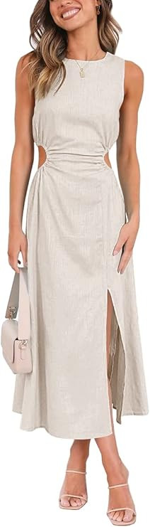LILLUSORY Womens Cutout Split Linen Cotton Sleeveless Slit Maxi Dress | Amazon (US)