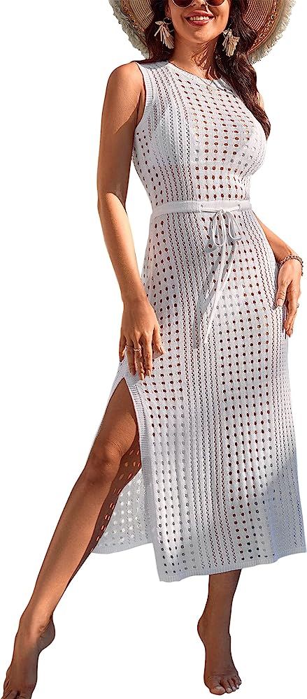 BMJL Womens Swimwear Cover Ups Crochet Hollow Out Long Bathing Suit Coverup Bikini Sleeveless Sid... | Amazon (US)