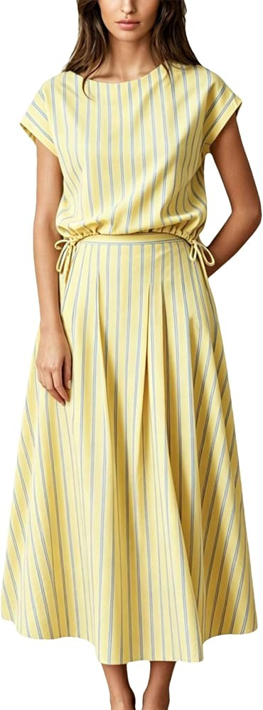 Wanzetaly Women's Summer Striped 2 Piece Skirt Sets Cap Sleeve Top Midi Dress Matching Set Travel... | Amazon (US)