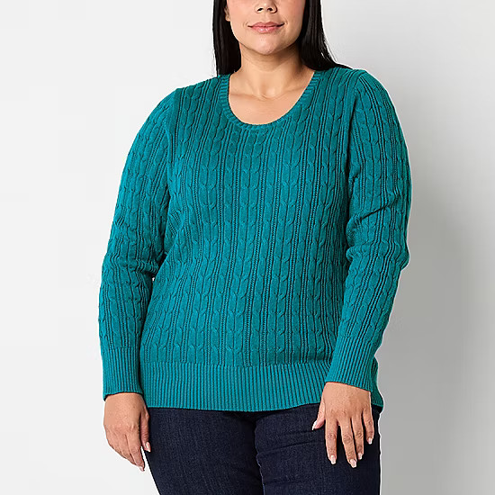St. John's Bay Plus Womens Crew Neck Long Sleeve Cable Knit Pullover Sweater | JCPenney