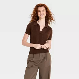 Women's Johnny Collar Pullover Sweater T-Shirt - A New Day\u2122 Dark Brown XS | Target