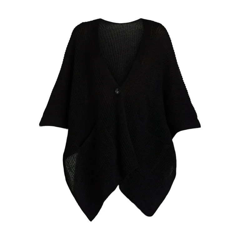 Time and Tru Women's Knit Fashion Ruana with Single Button, One Size, Black | Walmart (US)