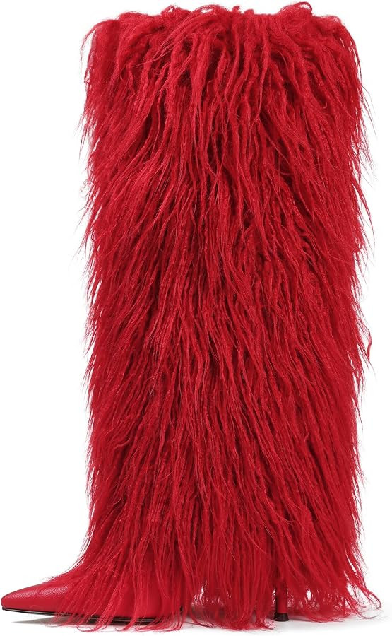 Kalstage Women Fur Knee High Boots Heels Wide Calf Fold Over Tall Boots for Party Evening Fashion... | Amazon (US)
