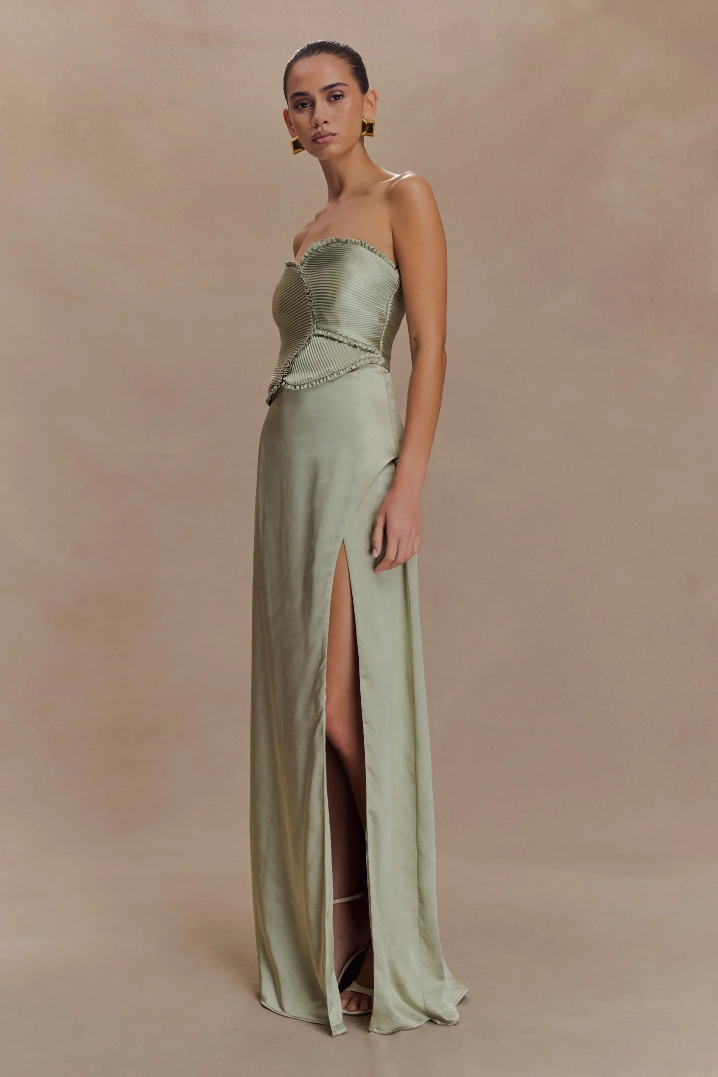 Satin Maxi Dress With Ruched Petals - Sage | MESHKI US