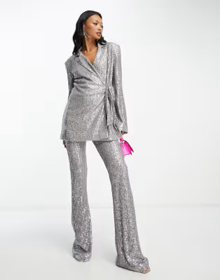 ASOS DESIGN Mix & Match jersey sequin suit in gunmetal | ASOS (Global)