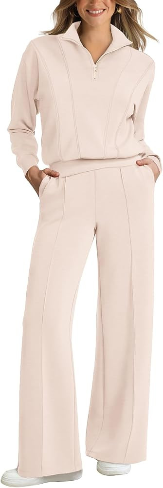 WIHOLL Womens 2 Piece Outfits Lounge Sets 2024 Half Zip Sweatshirt and Wide Leg Sweatpant with Po... | Amazon (US)