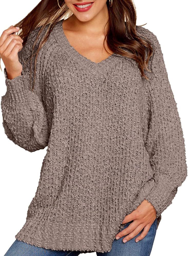KIRUNDO Women's 2023 Fall Winter Oversized Fuzzy Popcorn Sweaters Trendy V Neck Long Sleeve Cozy ... | Amazon (US)