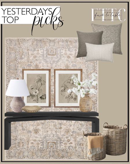 Yesterday’s Top Picks. Follow @farmtotablecreations on Instagram for more inspiration.

Loloi II Teagan Collection TEA-03 Ivory / Sand Area Rug. Antique Neutral Wooden Vase, Farmhouse Boho Home Decor, Tabletop Shelf Decor, Wabi Sabi Vase. Sand & Stable Wicker General Basket. 		
Henn 78.75'' Solid Wood Console Table by Birch Lane. Assembled Resin Table Lamp Tan - Threshold designed with Studio McGee. Antique Neutral Floral Print SET of Two | Vintage Muted Art | Digital PRINTABLE North Prints. Yellow Sandstone Bowl Fruit Bowl. faux Cherry Blossom Stems BERNARD PILLOW COVER COMBO Colin & Finn. Console Table. Console Table Decor. Entryway Decor. 



#LTKhome #LTKfindsunder50 #LTKsalealert