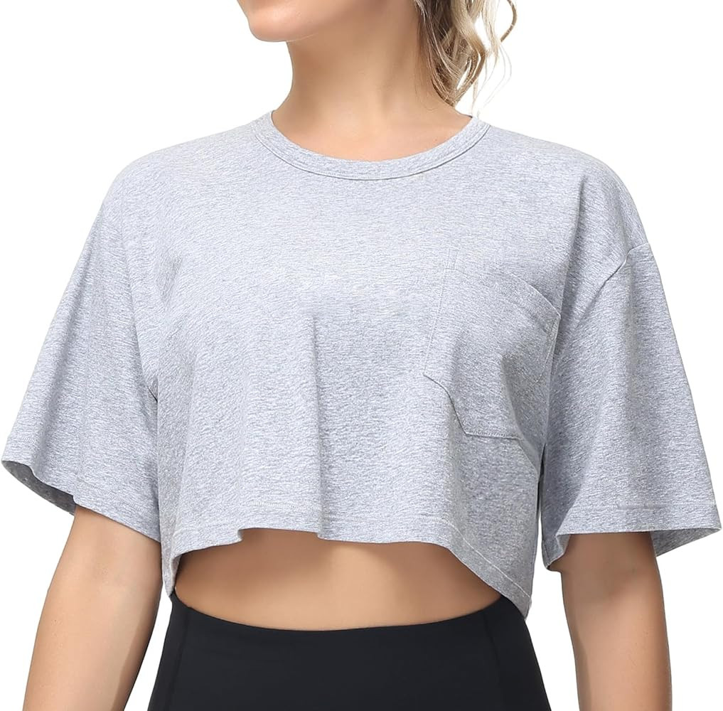 THE GYM PEOPLE Women's Workout Crop Tops Short Sleeve Boxy Oversized T-Shirts with Pockets | Amazon (US)
