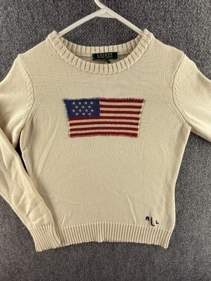 Lauren Ralph Lauren Women Flag Sweater XS Ivory Cotton Crew Neck Embroidered | eBay US