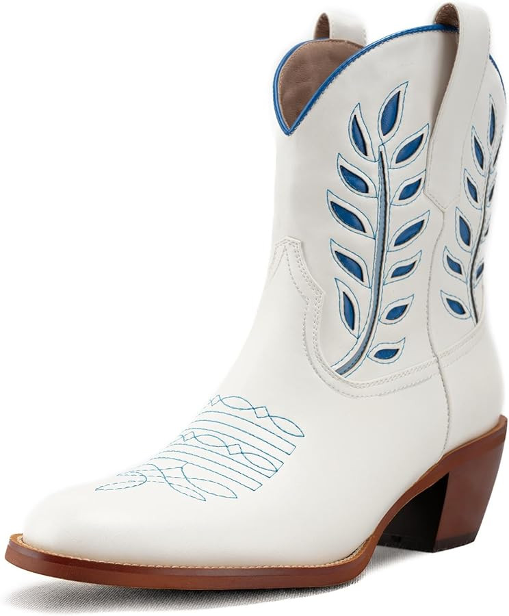 KaroNairy Short Cowboy Boots for Women Stacked Heel Cowgirl Boots Almond Toe Western Stitched Ank... | Amazon (US)