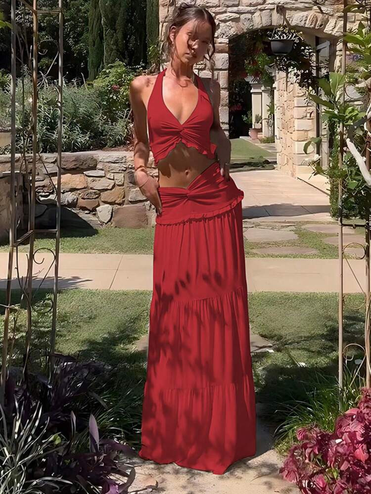 Women Fashion Elelgant Ruched Ruffled Slim Halter Crop Top&Skirt Spring Summer Sexy Party Vacation Holiday Night Out 2 Pieces Sets | SHEIN