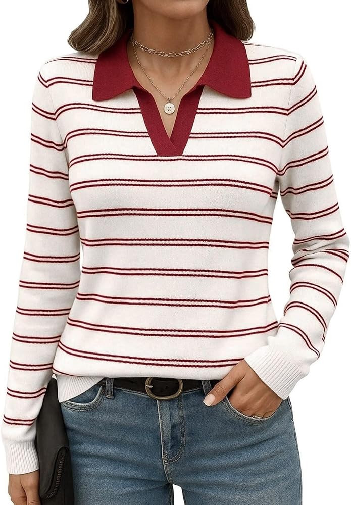 Romanstii Women's Knitted Collared Sweaters Long Sleeve V-Neck Polo Shirts Winter Pullover Tops | Amazon (US)