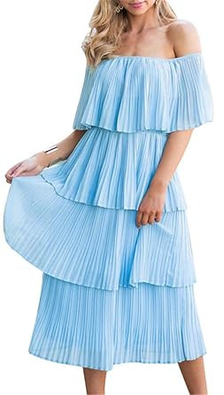 ETCYY NEW Women's Off The Shoulder Sleeveless Tiered Ruffle Pleated Casual Midi Dress | Amazon (US)
