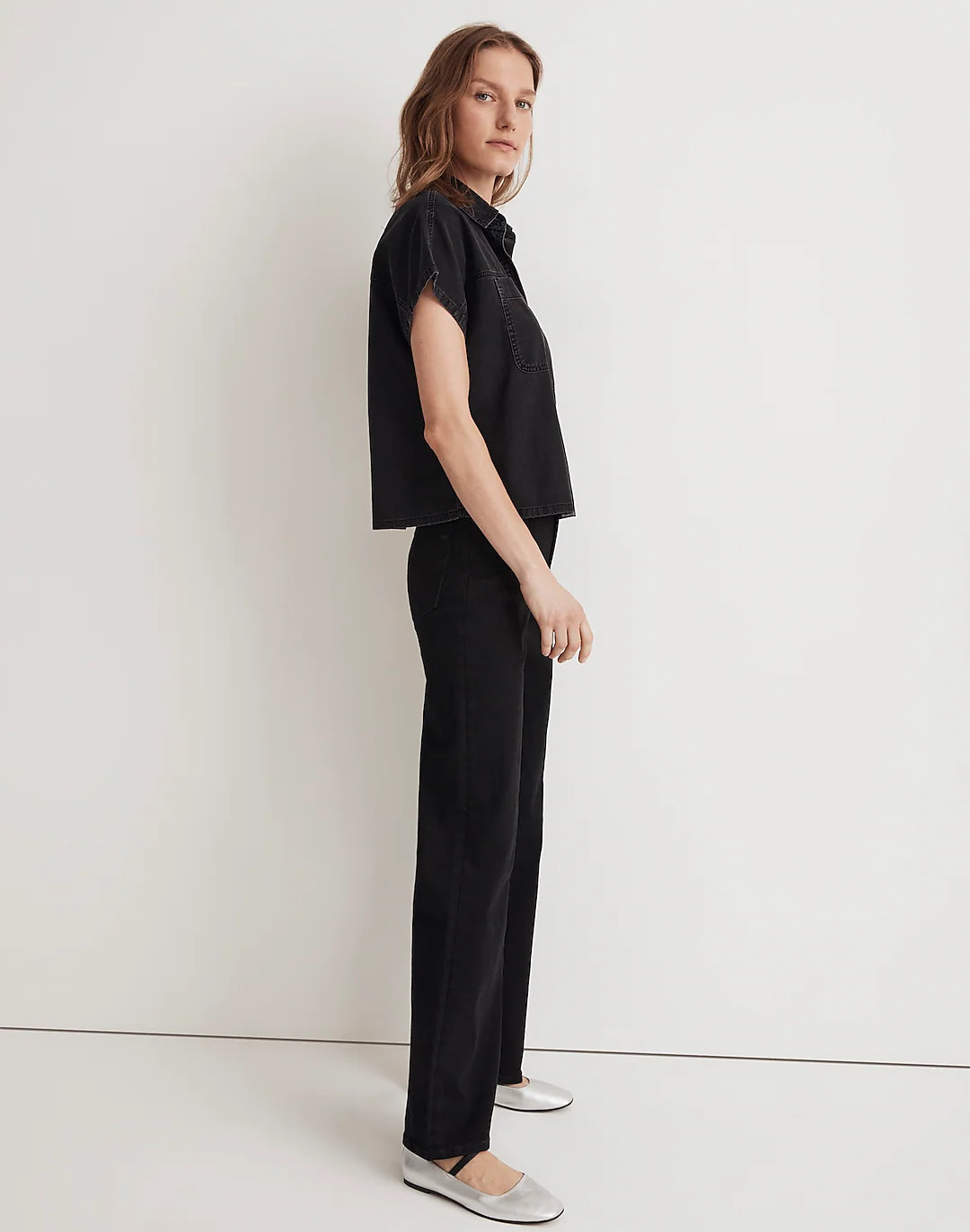 Denim Slanted-Yoke Crop Button-Up Shirt in Lunar Wash | Madewell