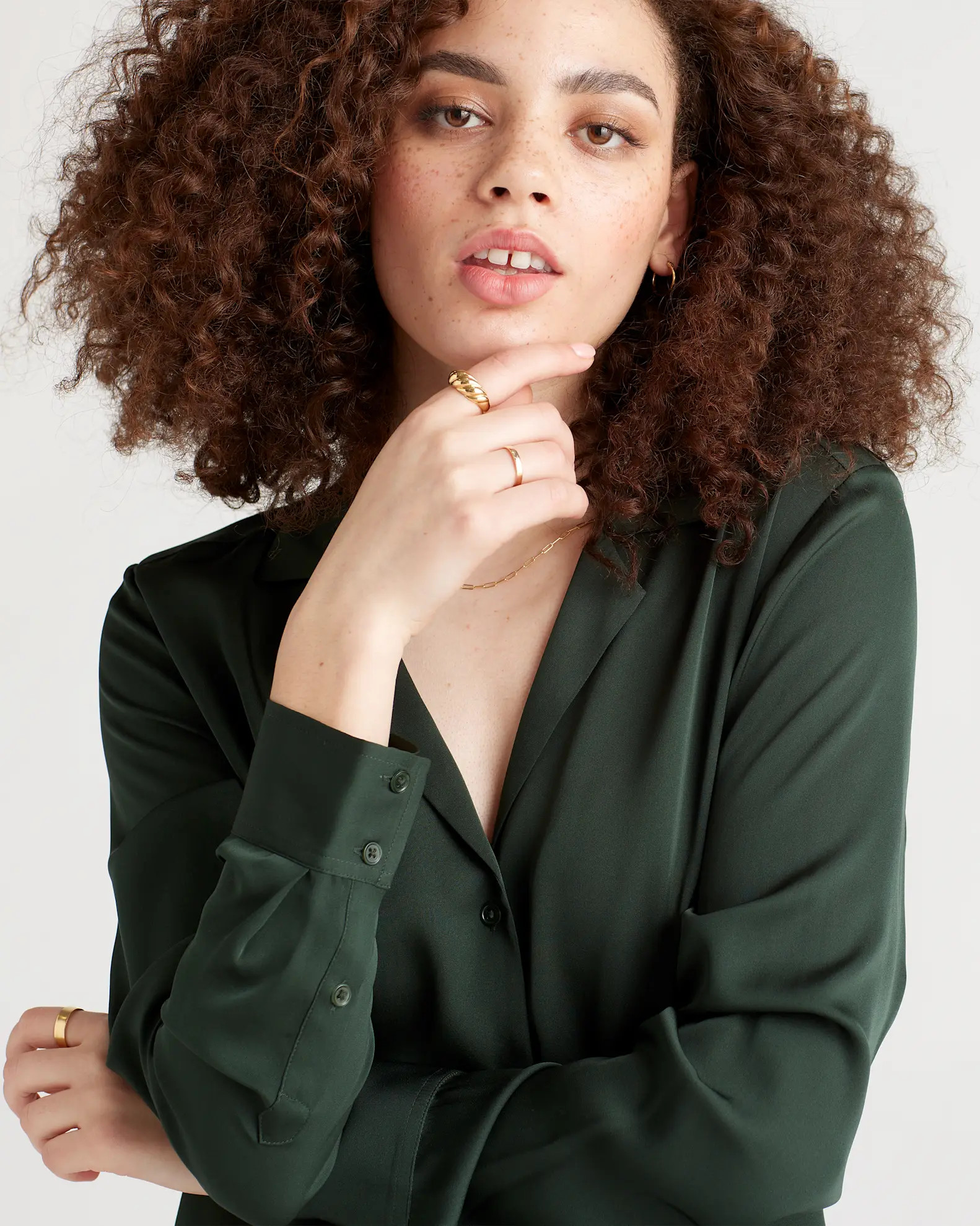 Washable Stretch Silk Notch Collar Blouse | Quince in Forest Green | Quince